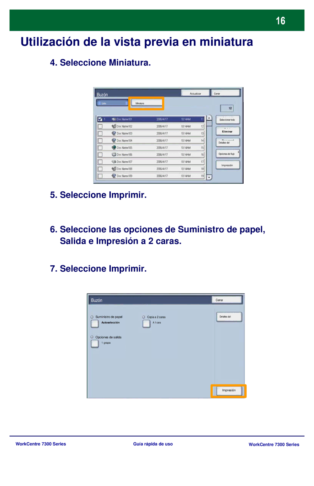 Xerox 7300 Series manual Seleccione Miniatura 