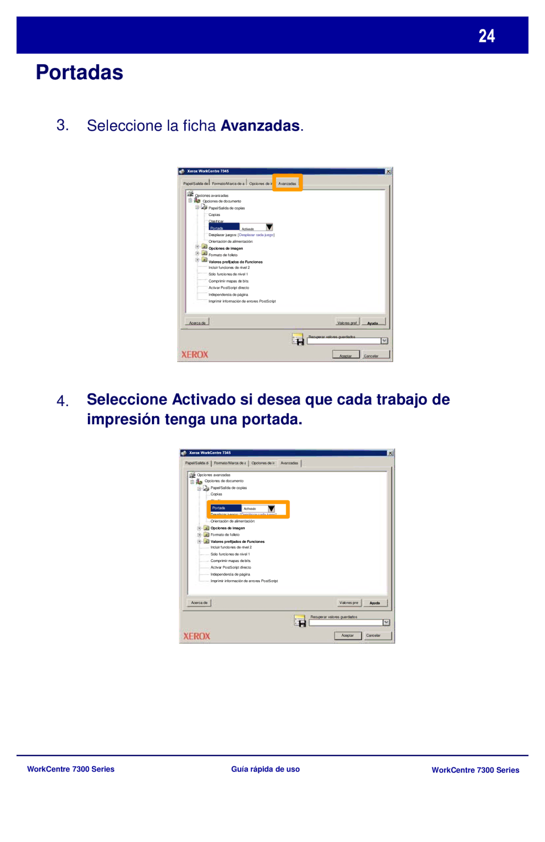 Xerox 7300 Series manual Seleccione la ficha Avanzadas, Valores prefijados de Funciones 