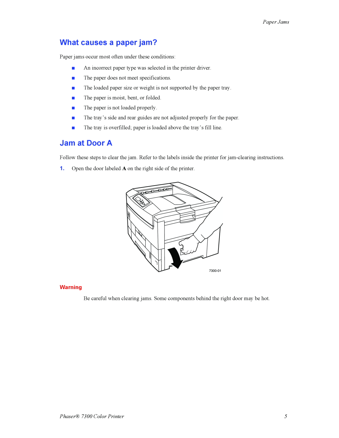 Xerox manual What causes a paper jam?, Jam at Door A, Paper Jams, Phaser 7300 Color Printer 