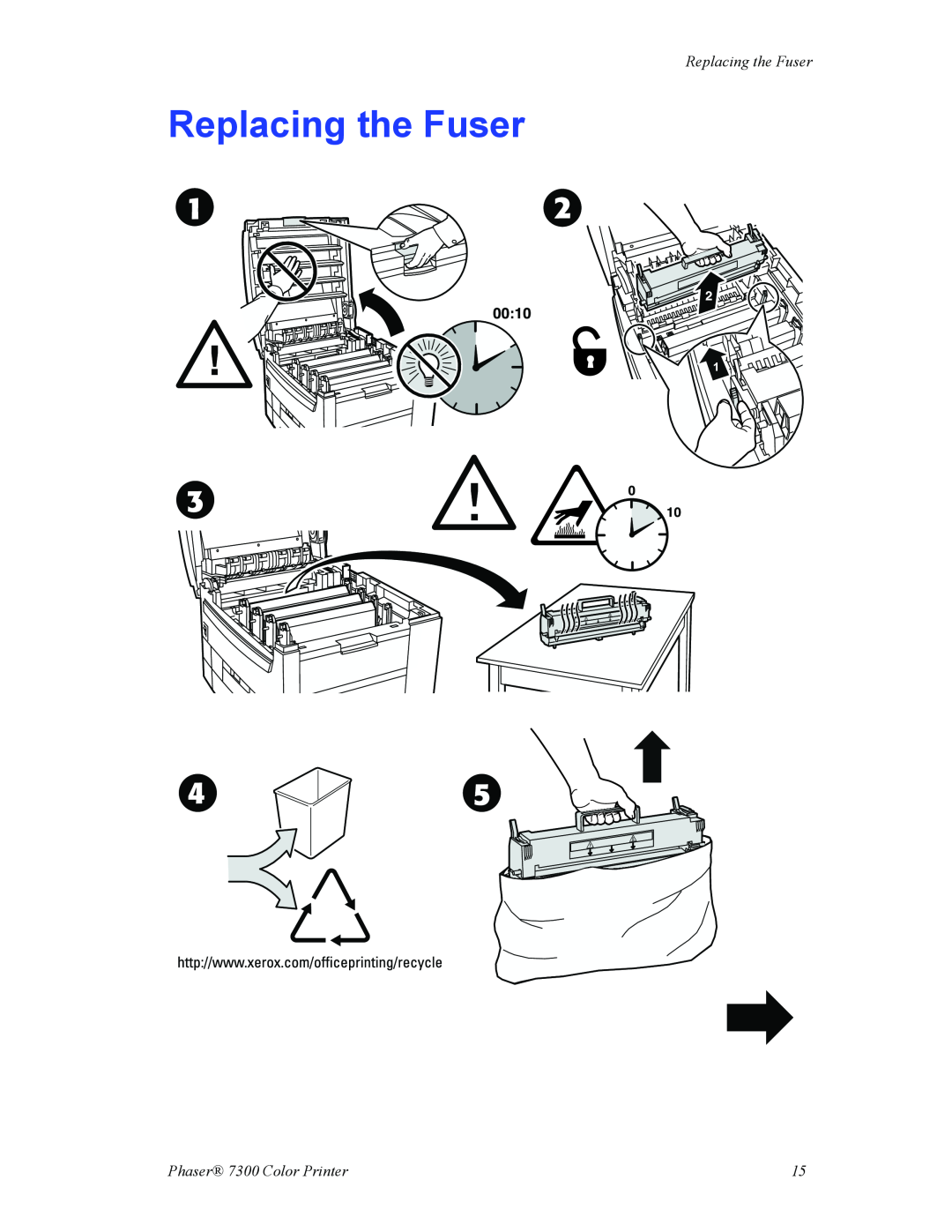 Xerox manual Replacing the Fuser, 0010, Phaser 7300 Color Printer 