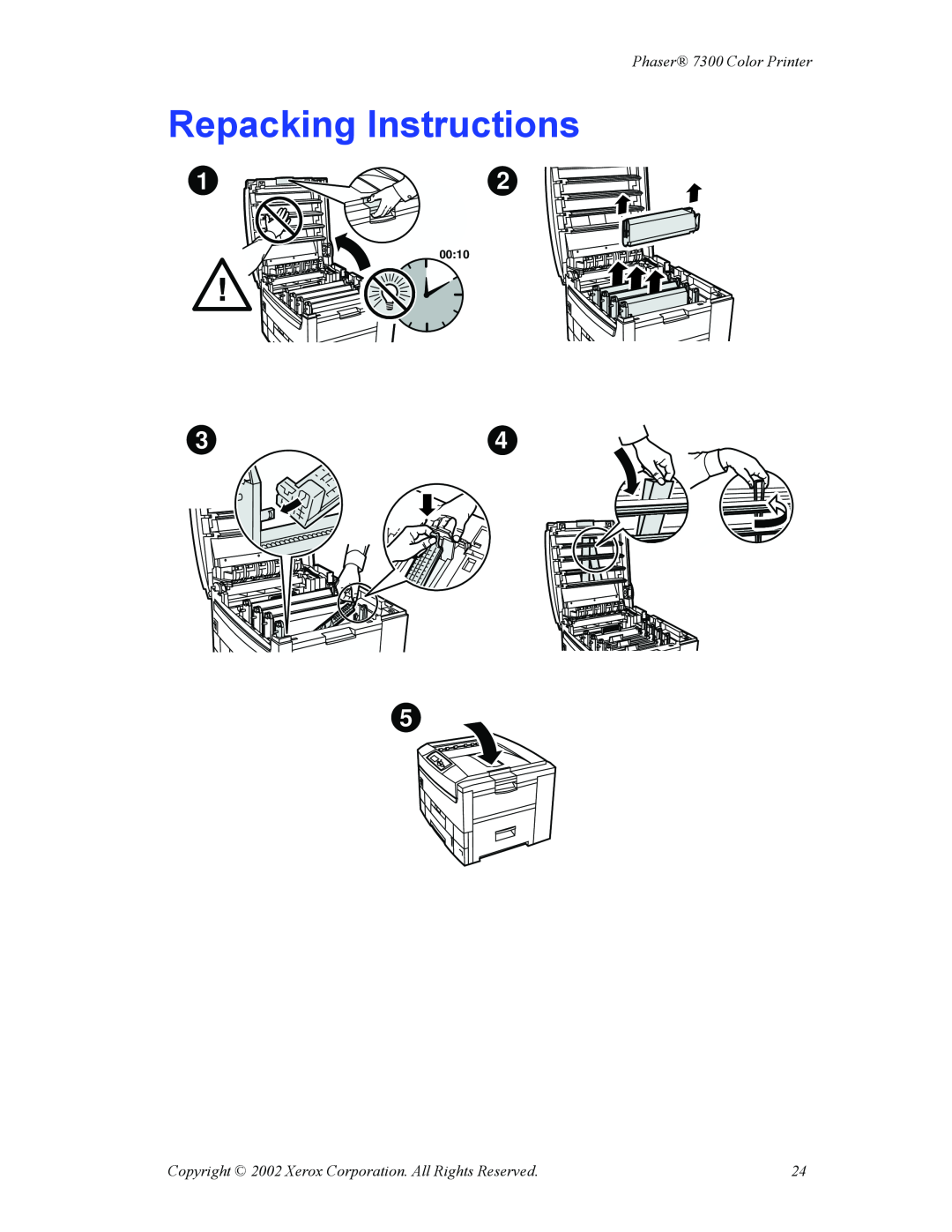 Xerox Repacking Instructions, Phaser 7300 Color Printer, Copyright 2002 Xerox Corporation. All Rights Reserved, 0010 