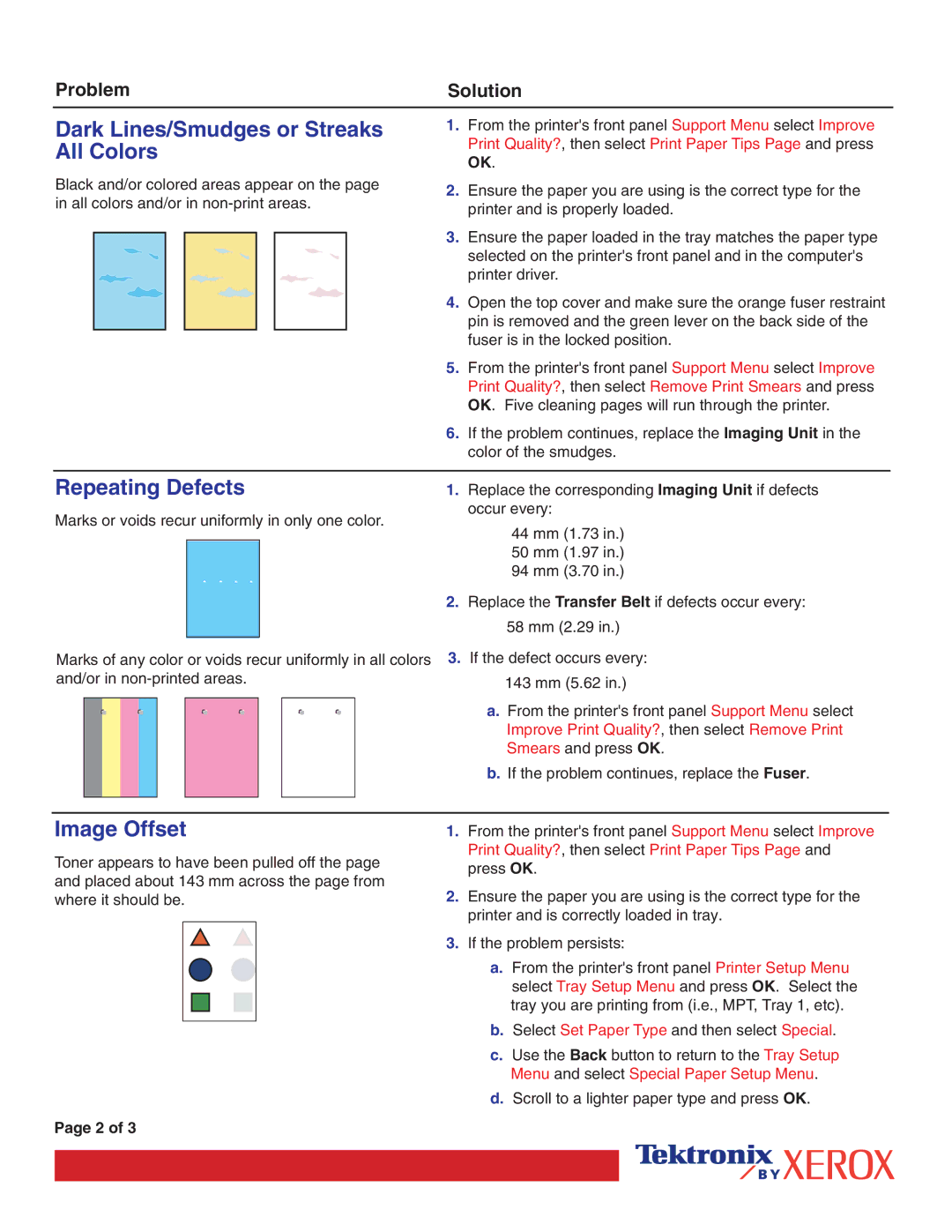 Xerox 7300 manual Dark Lines/Smudges or Streaks 