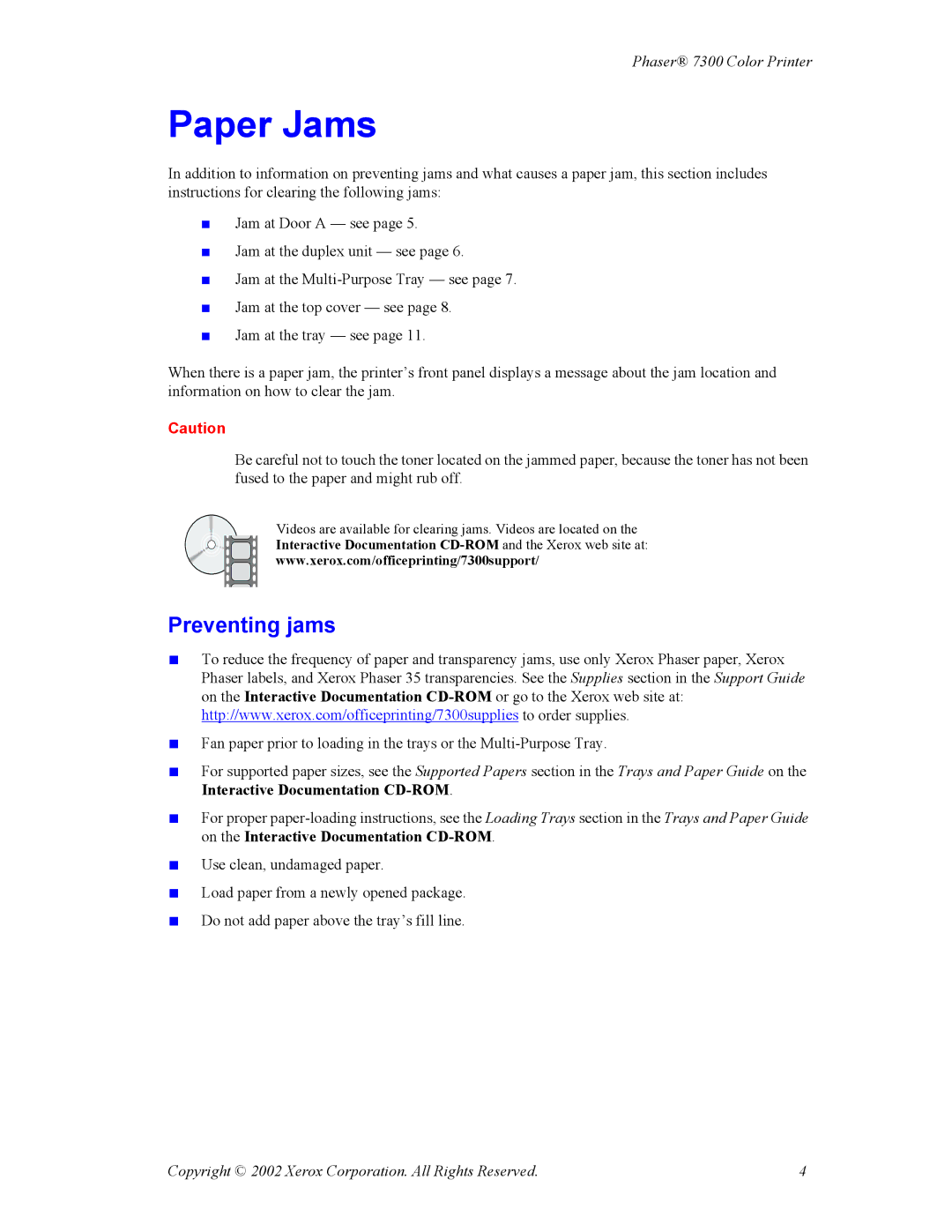 Xerox 7300 manual Paper Jams, Preventing jams 