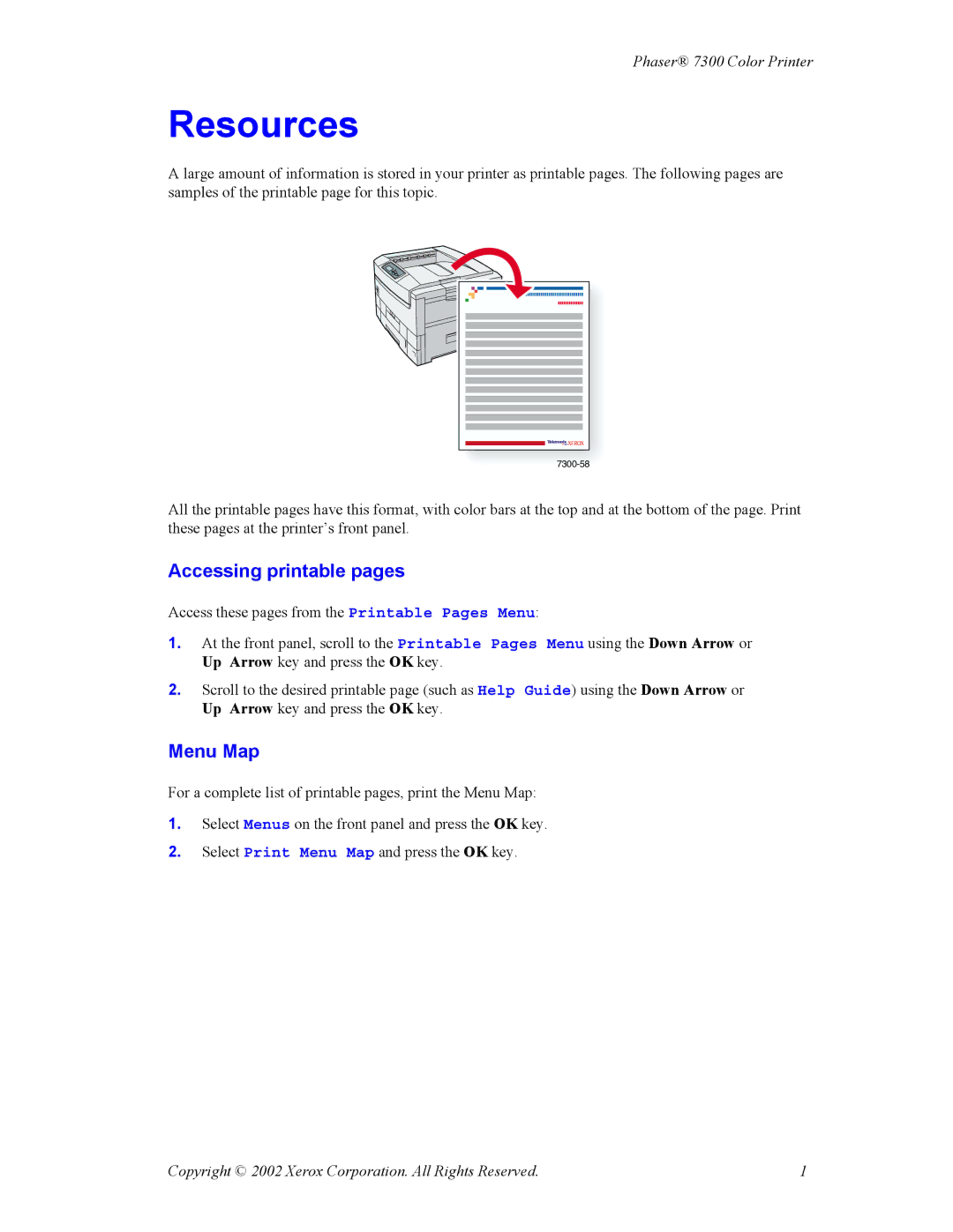 Xerox 7300 manual Resources, Accessing printable pages 