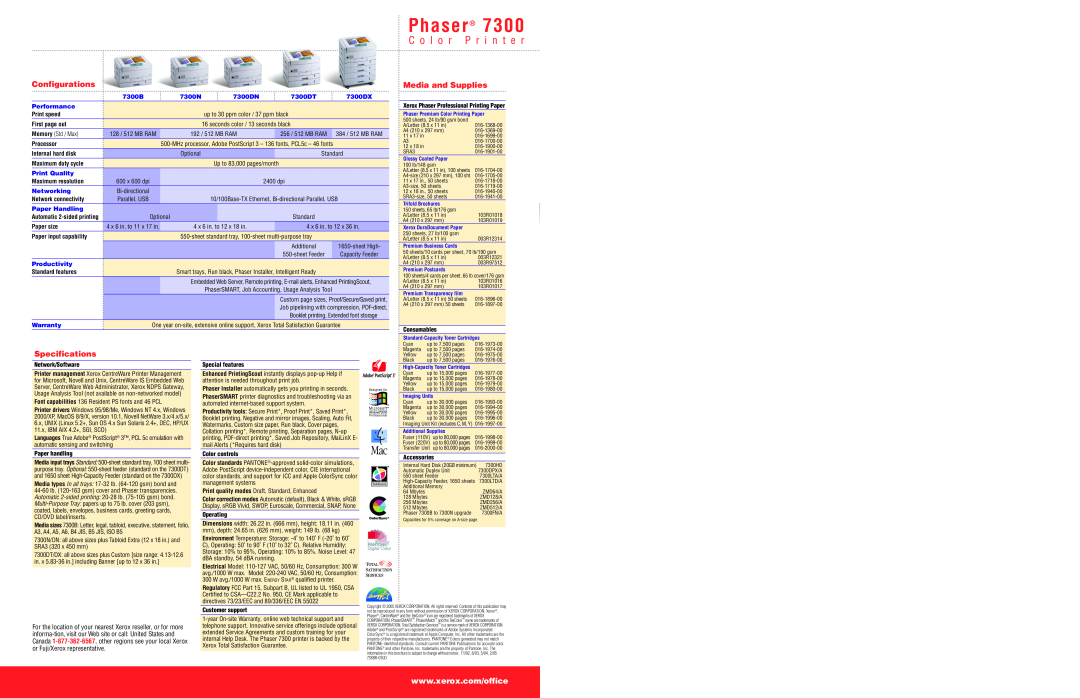 Xerox 7300N Phaser, C o l o r P r i n t e r, Configurations, Media and Supplies, Specifications, 7300B, 7300DN, 7300DT 