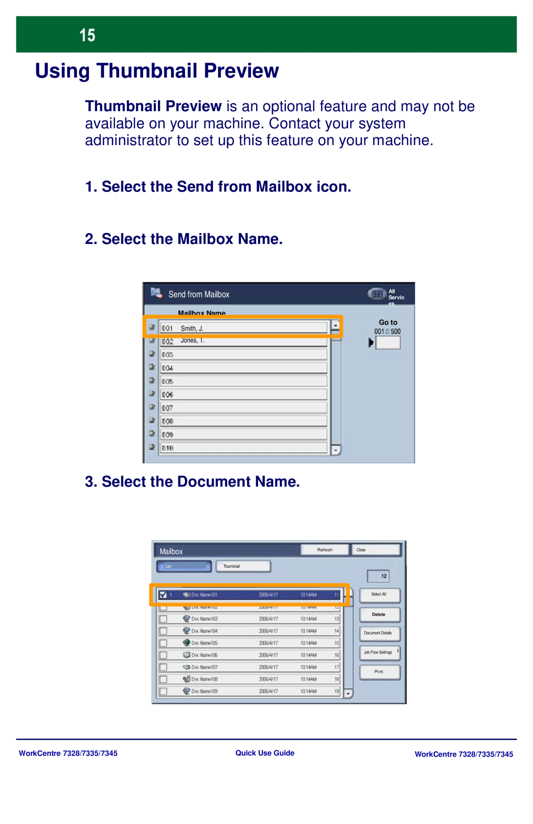 Xerox 7328 Using Thumbnail Preview, Select the Send from Mailbox icon, Select the Mailbox Name, Select the Document Name 