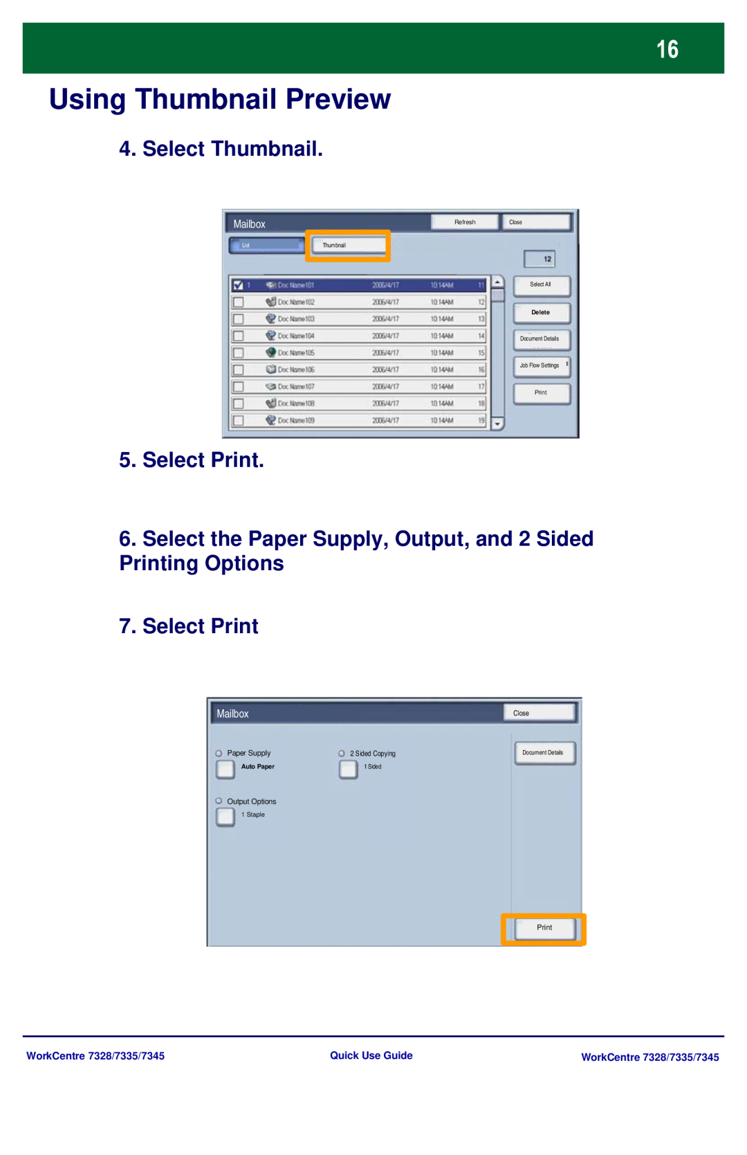 Xerox Using Thumbnail Preview, Select Thumbnail, Select Print, Mailbox, WorkCentre 7328/7335/7345, Quick Use Guide 