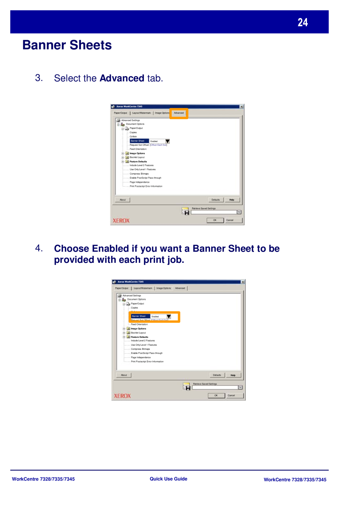 Xerox Banner Sheets, WorkCentre 7328/7335/7345, Quick Use Guide, Offset Each Set, Image Options, Feature Defaults, Help 