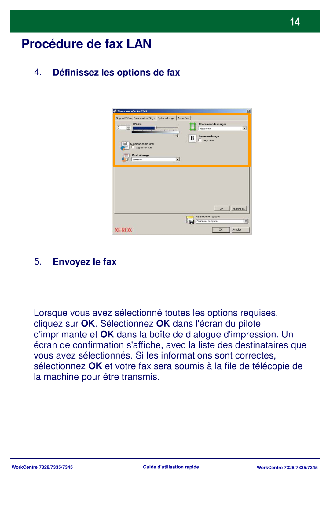 Xerox 7345 Procédure de fax LAN, 4.Définissez les options de fax, Envoyez le fax, Effacement de marges, Inversion image 