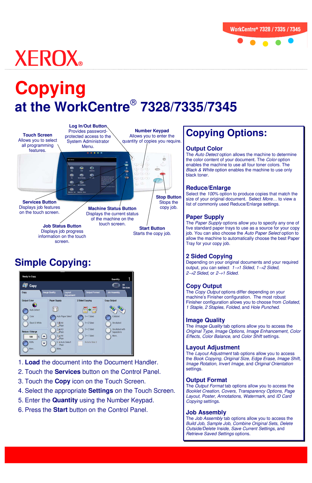 Xerox 7328, 7335, 7345 manual Copying Options, Simple Copying 