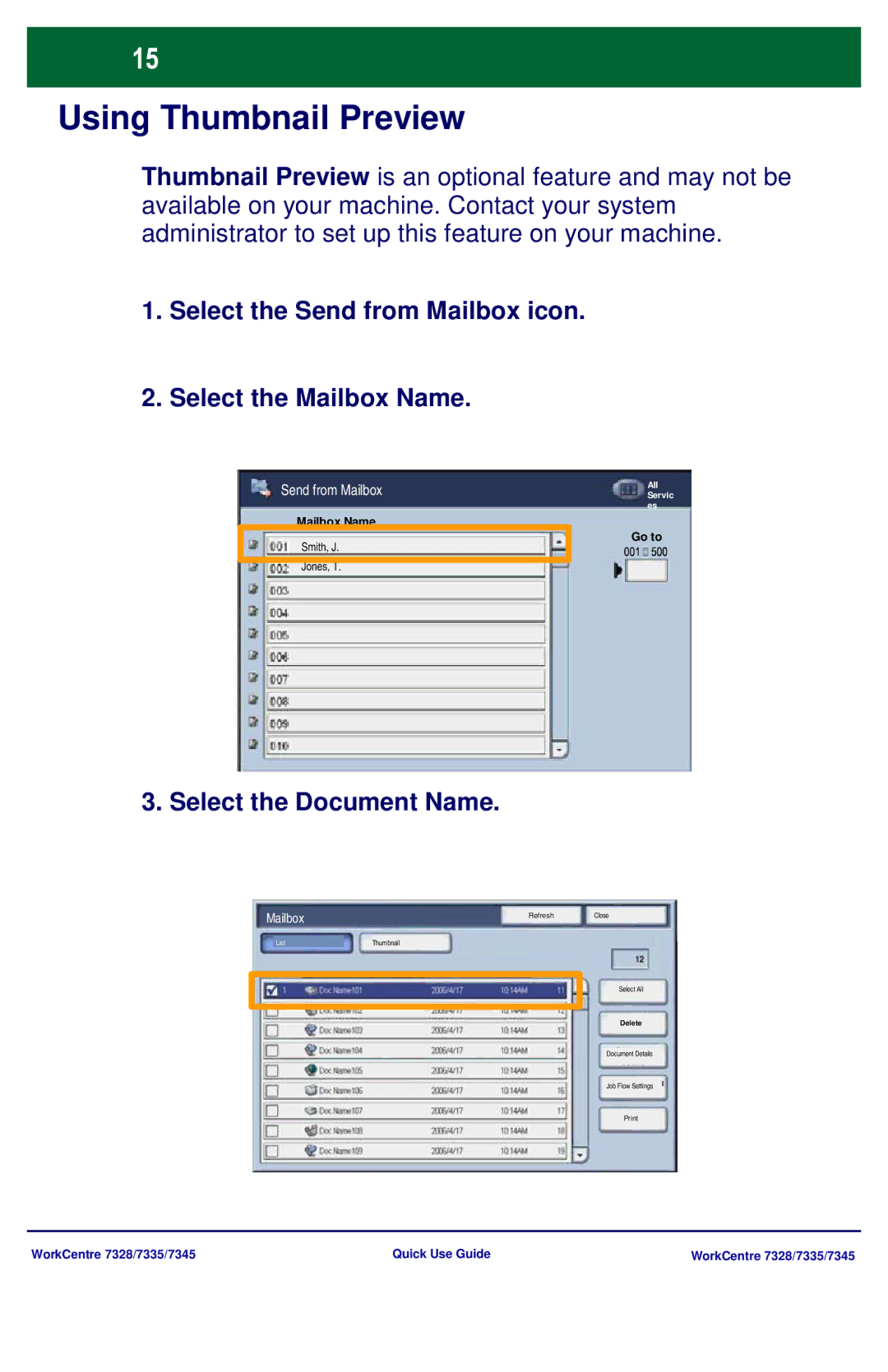 Xerox 7328 Using Thumbnail Preview, Select the Send from Mailbox icon Select the Mailbox Name, Select the Document Name 