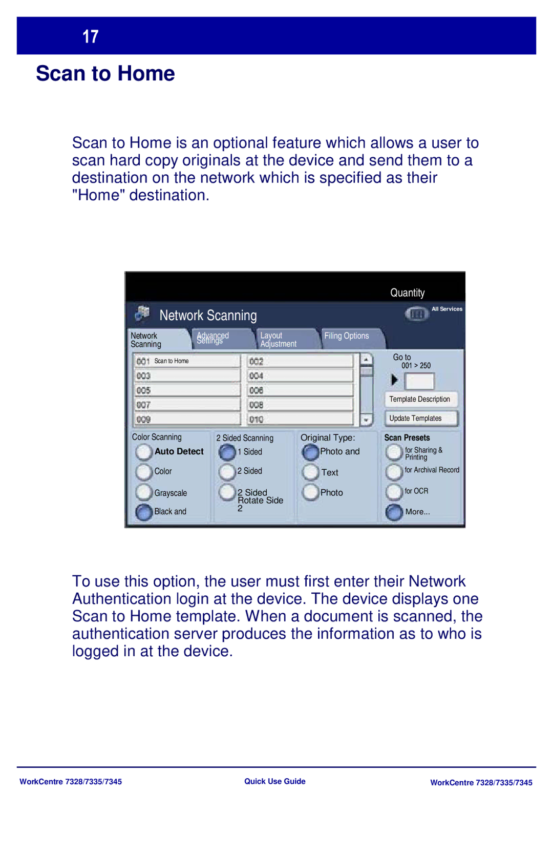 Xerox 7335, 7328, 7345 manual Scan to Home, Advanced Layout Filing Options, Settings Adjustment 