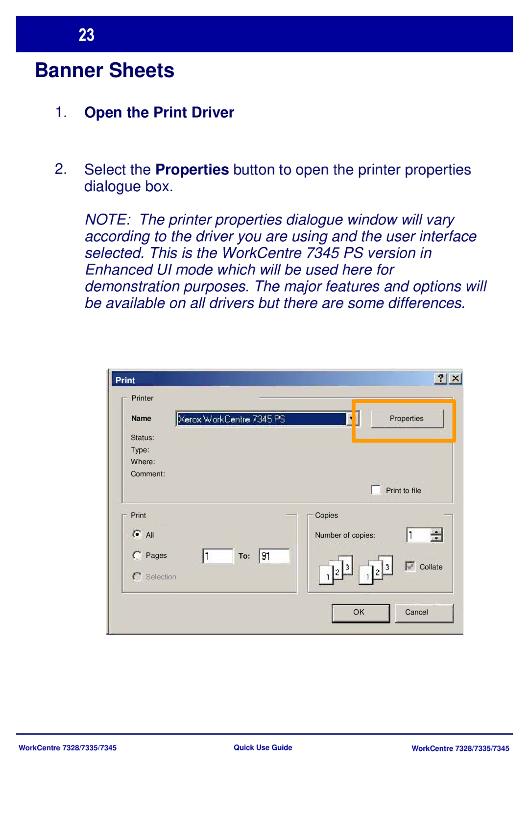 Xerox 7335, 7328, 7345 manual Banner Sheets, Open the Print Driver 