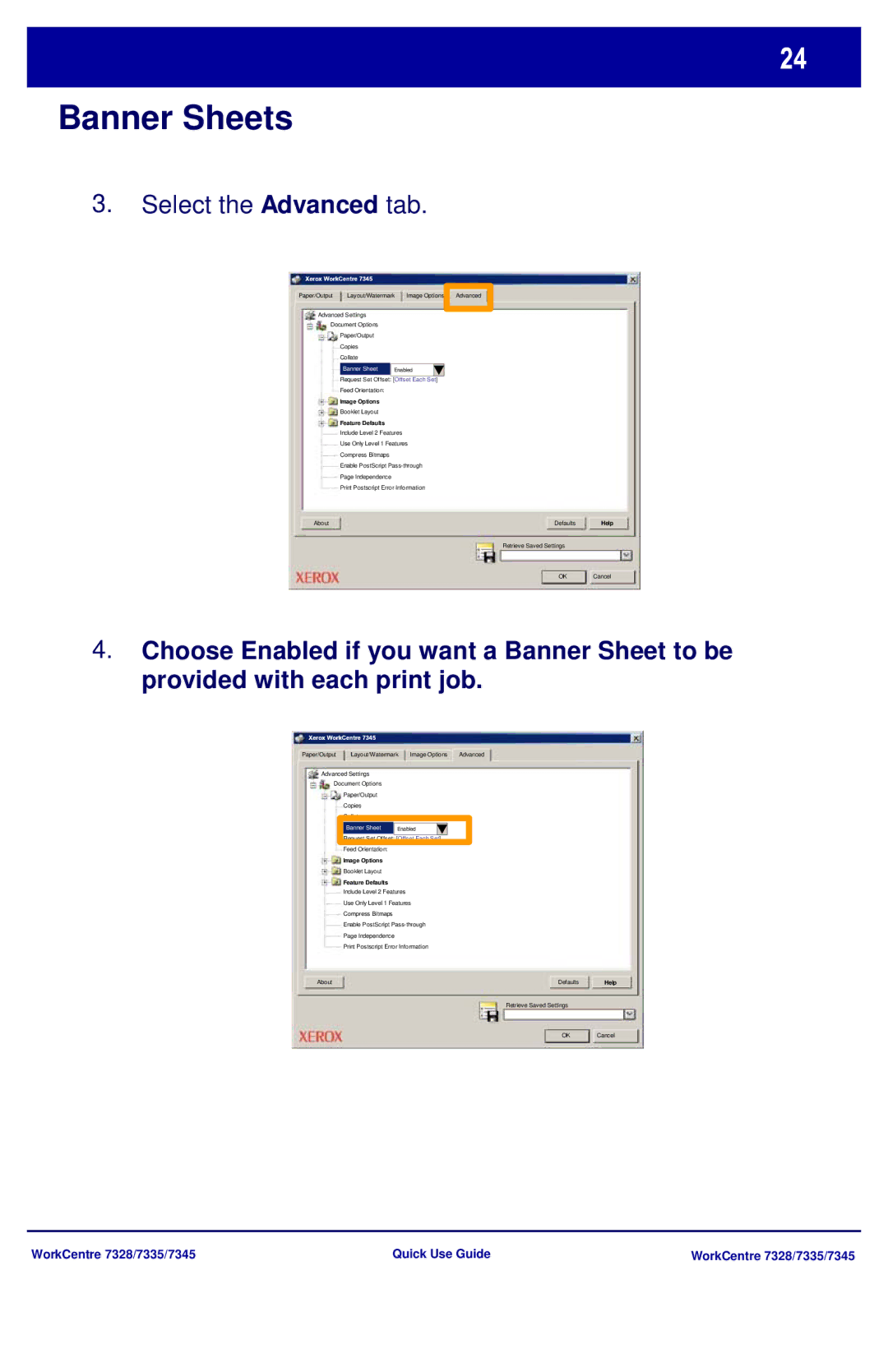 Xerox 7328, 7335, 7345 manual Select the Advanced tab, Feature Defaults 