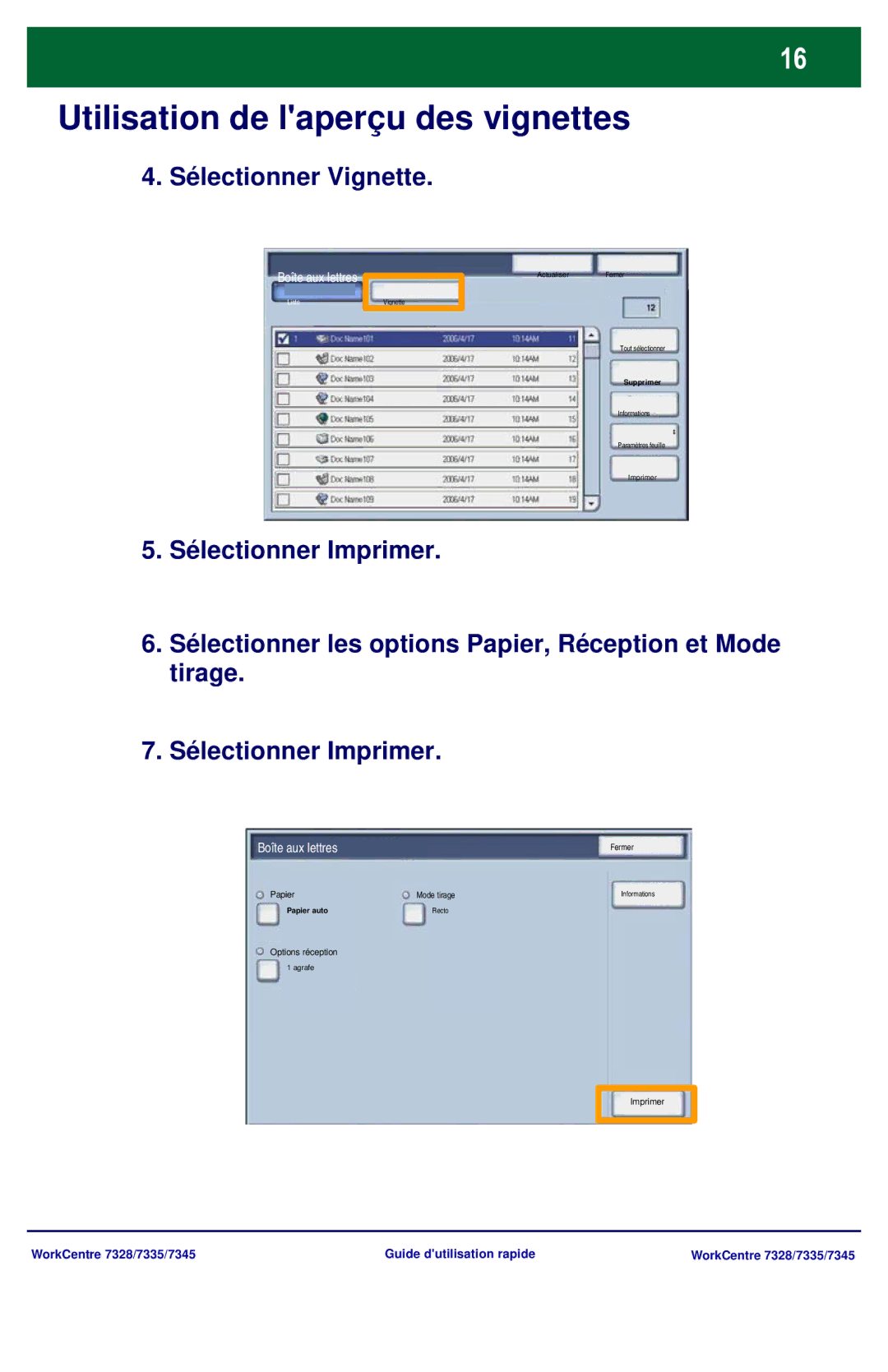 Xerox 7328, 7335, 7345 manual Sélectionner Vignette, Sélectionner Imprimer 