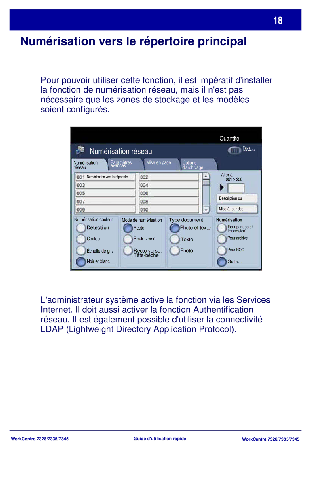 Xerox 7335, 7328, 7345 manual Numérisation vers le répertoire principal 