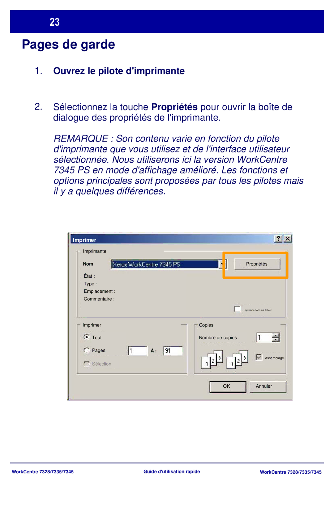 Xerox 7345, 7335, 7328 manual Pages de garde, Ouvrez le pilote dimprimante 