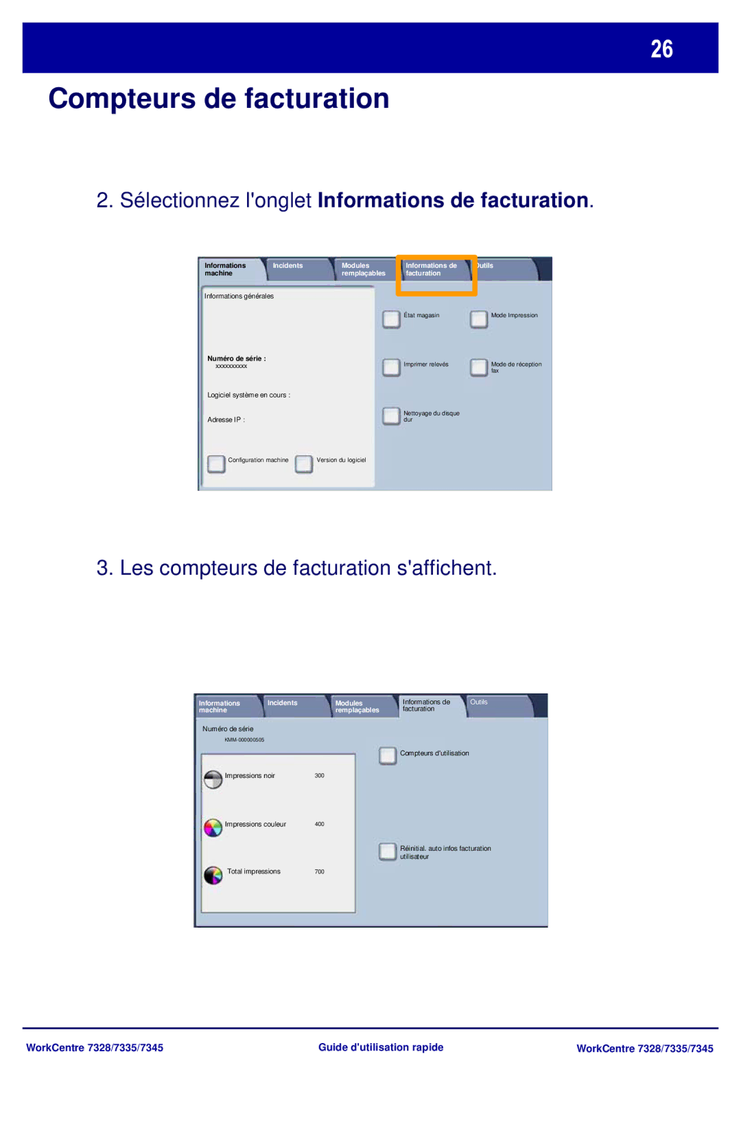 Xerox 7345, 7335, 7328 manual Sélectionnez longlet Informations de facturation, Les compteurs de facturation saffichent 