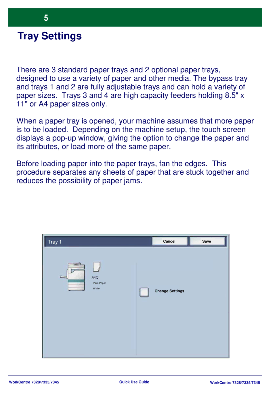 Xerox 7335, 7328, 7345 manual Tray Settings 