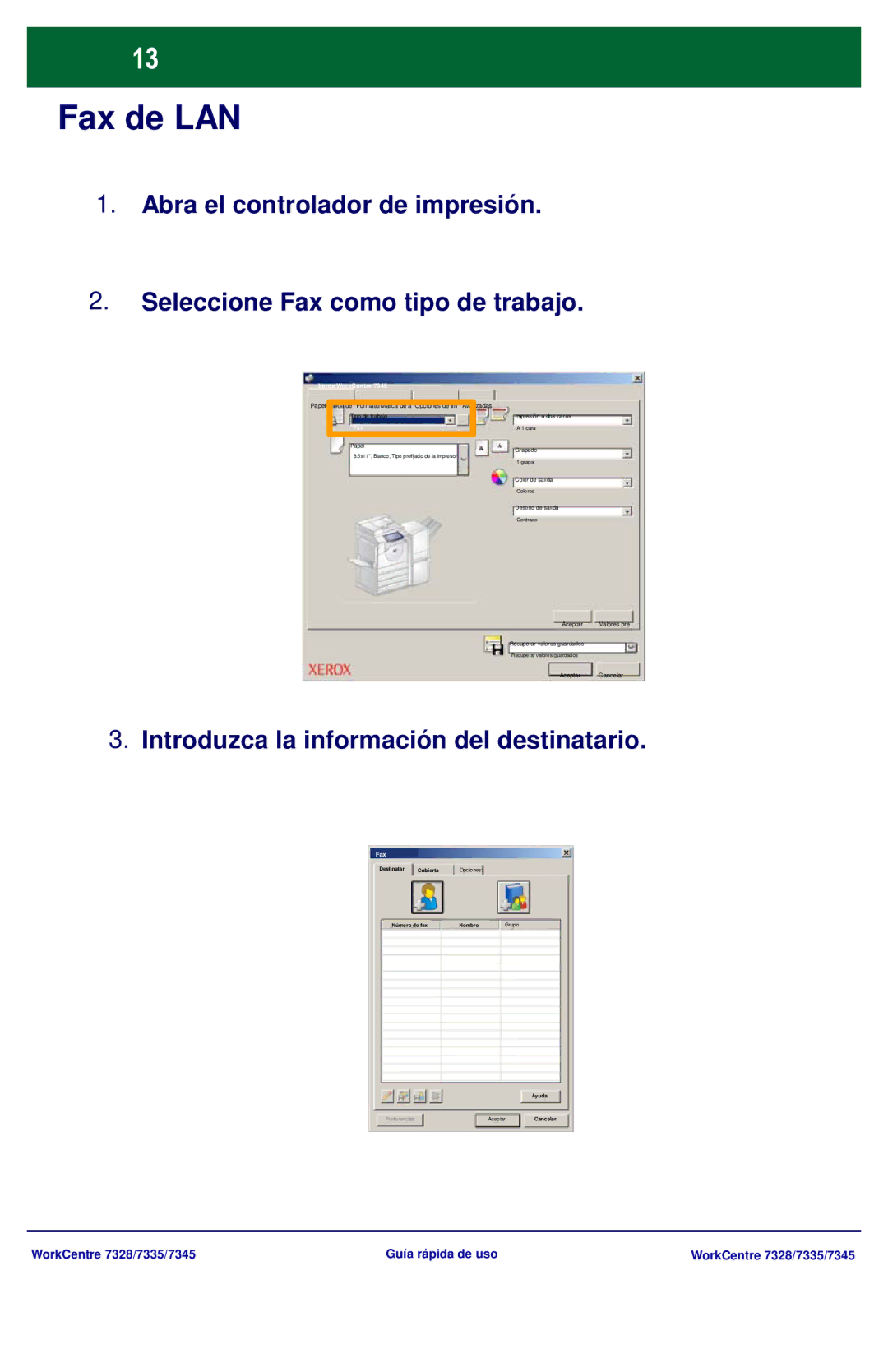 Xerox 7335, 7328, 7345 manual Fax de LAN, Introduzca la información del destinatario 