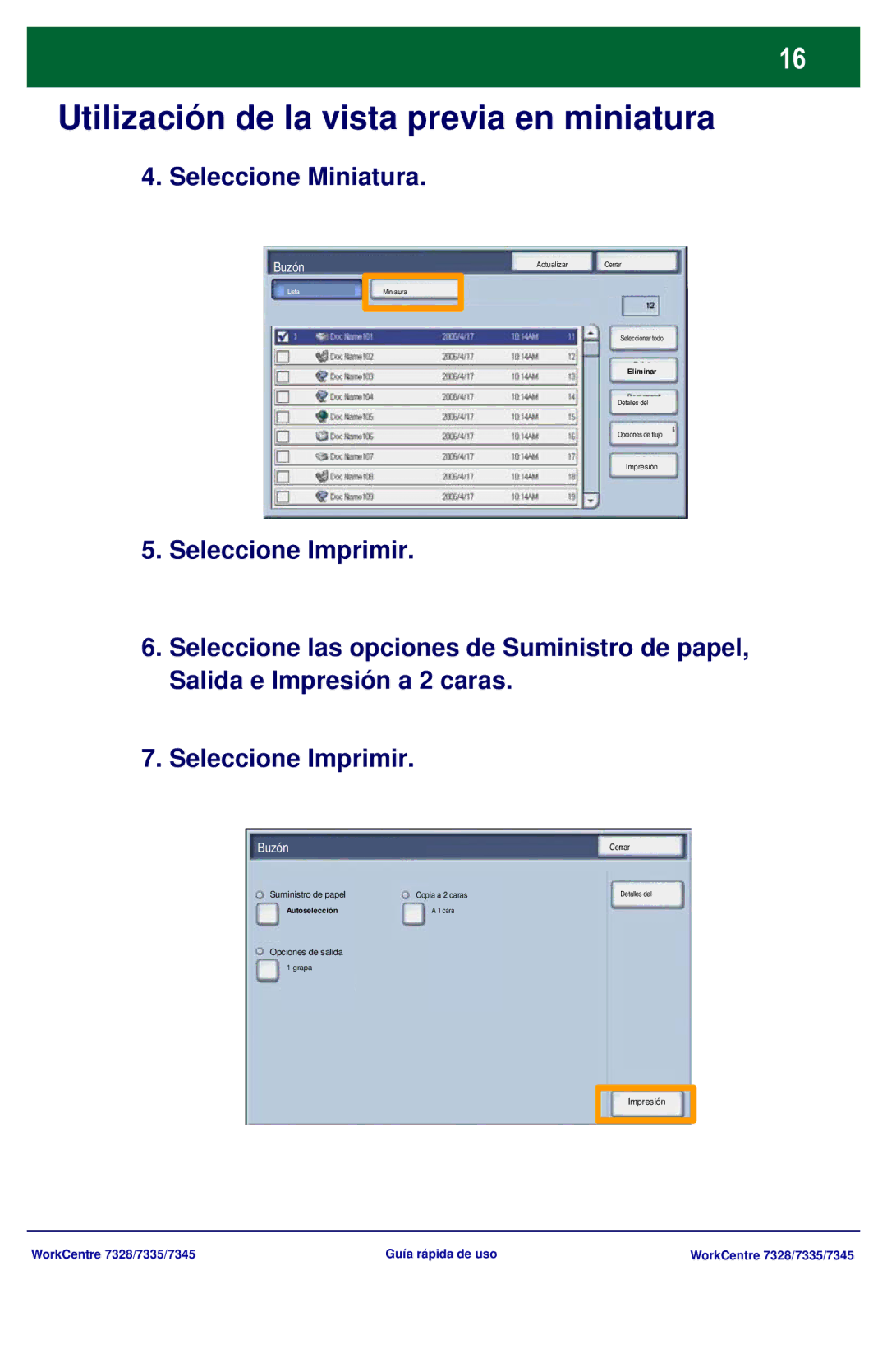 Xerox 7335, 7328, 7345 manual Seleccione Miniatura 