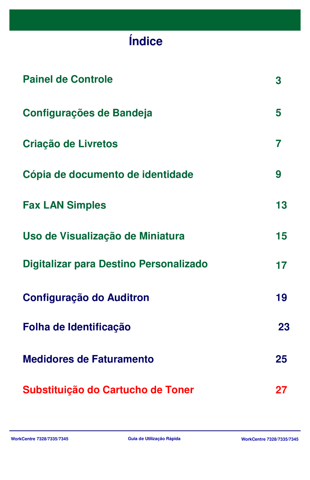 Xerox 7335, 7328, 7345 manual Substituição do Cartucho de Toner 