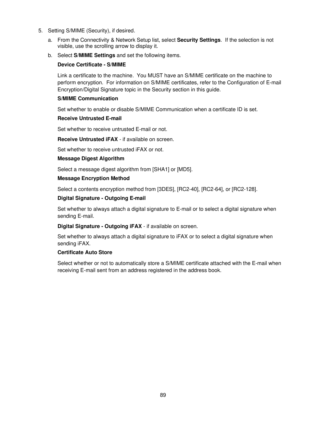 Xerox 7345, 7335 manual Device Certificate S/MIME, Mime Communication, Receive Untrusted E-mail, Message Digest Algorithm 