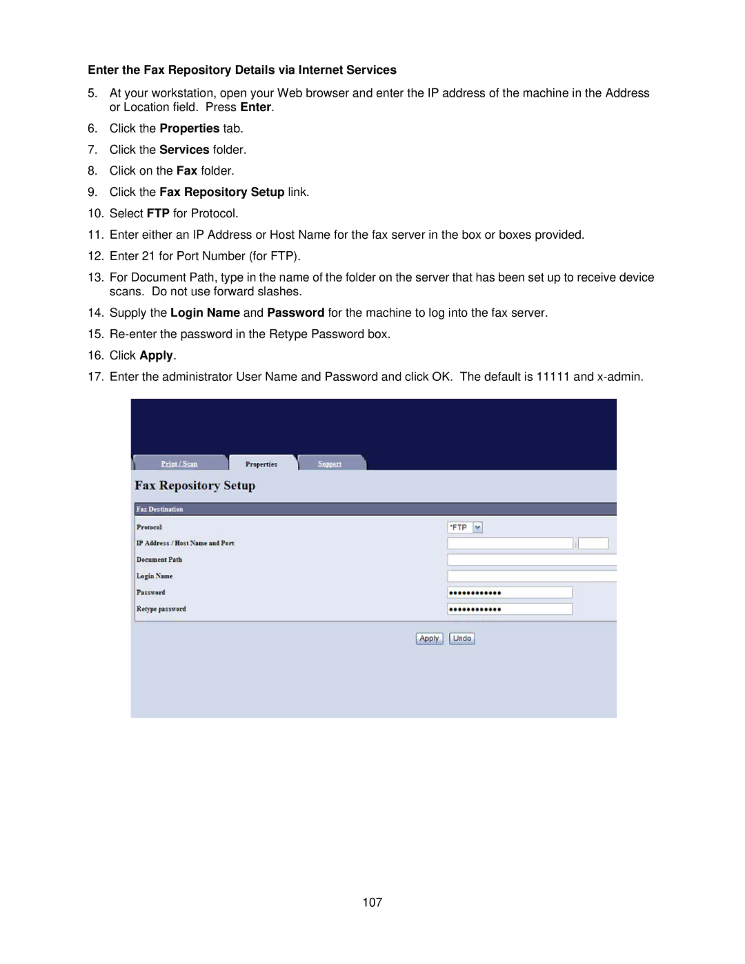 Xerox 7345, 7335 manual Enter the Fax Repository Details via Internet Services, Click the Fax Repository Setup link 