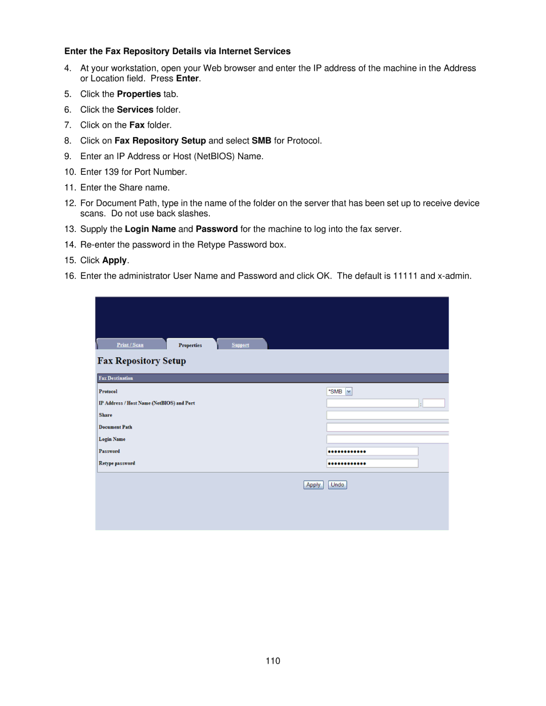 Xerox 7335, 7345 manual Enter the Fax Repository Details via Internet Services 