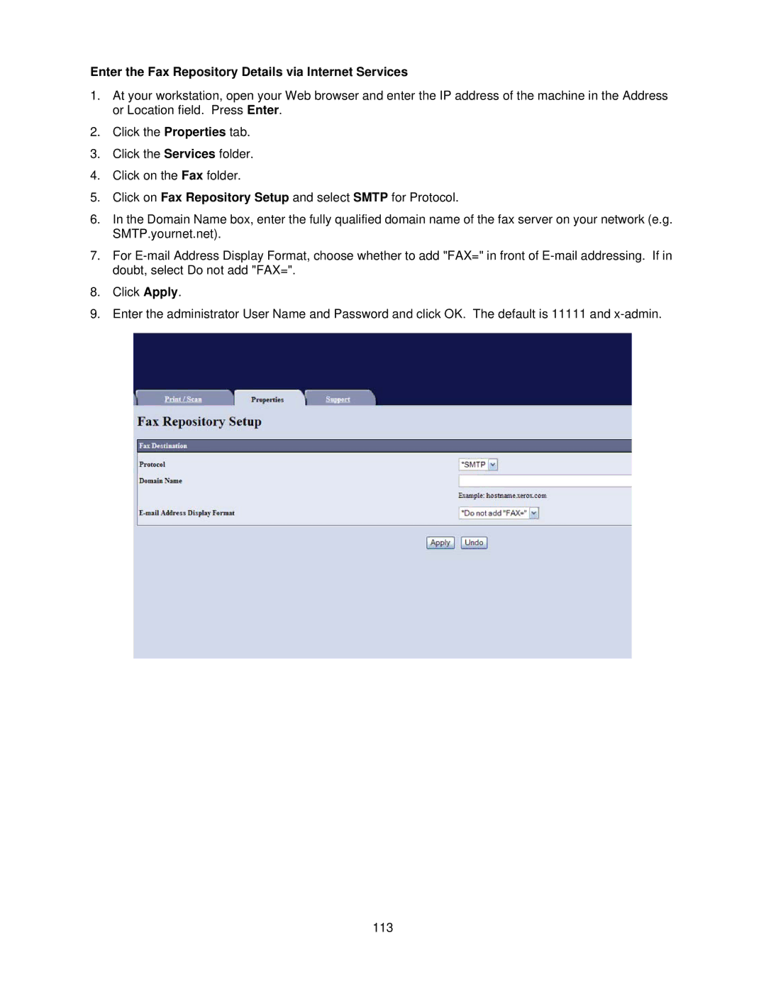Xerox 7345, 7335 manual Enter the Fax Repository Details via Internet Services 
