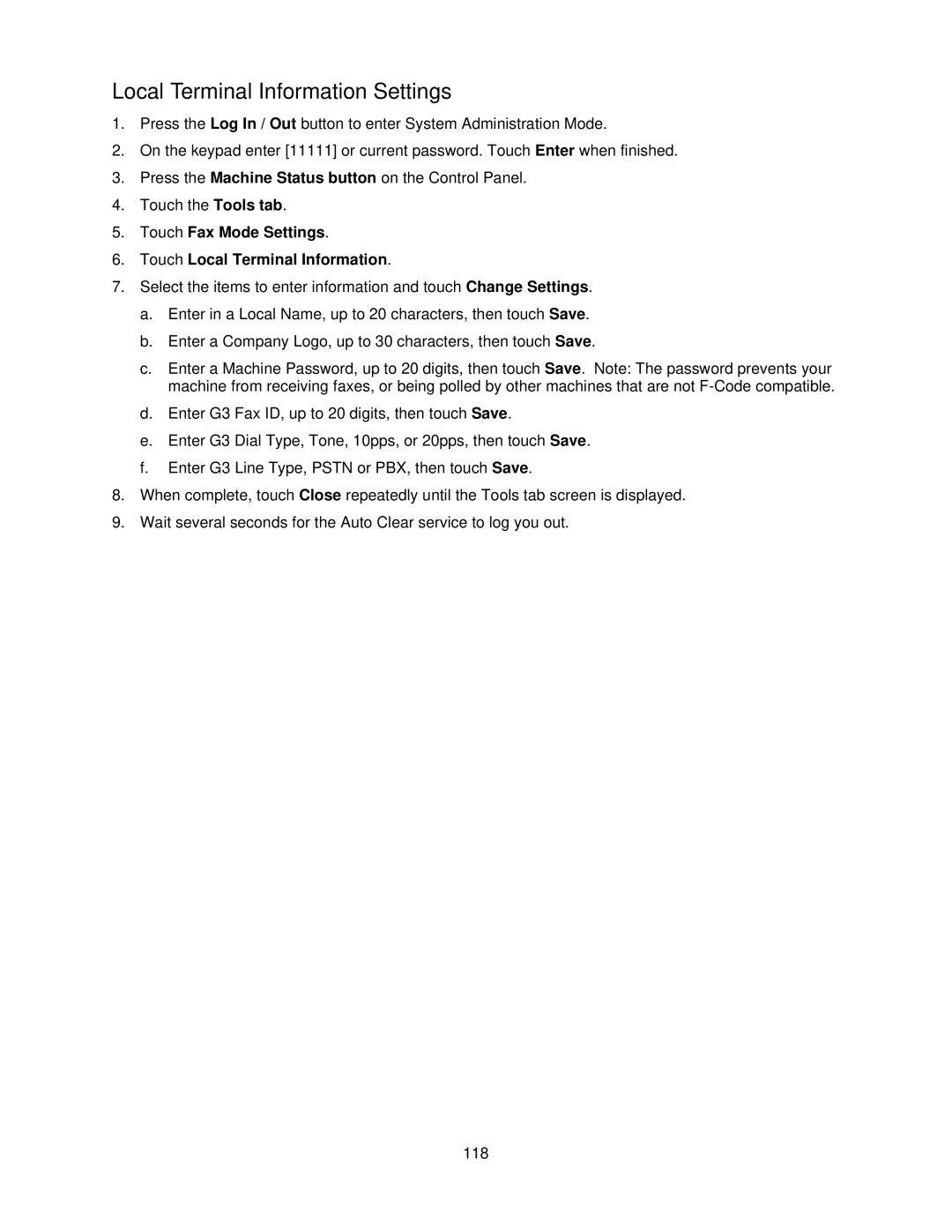 Xerox 7335, 7345 manual Local Terminal Information Settings, Touch Fax Mode Settings Touch Local Terminal Information 