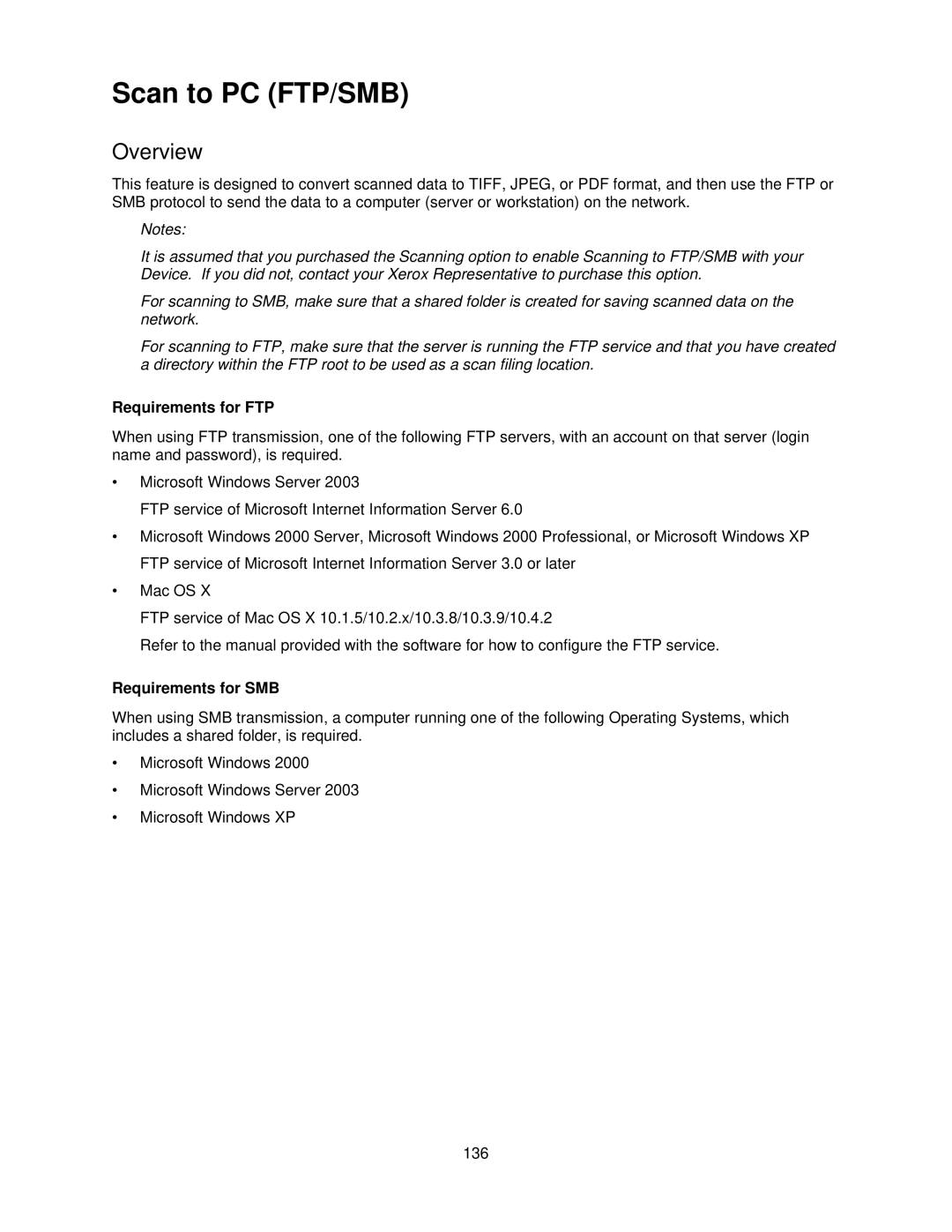 Xerox 7335, 7345 manual Scan to PC FTP/SMB, Requirements for FTP, Requirements for SMB 