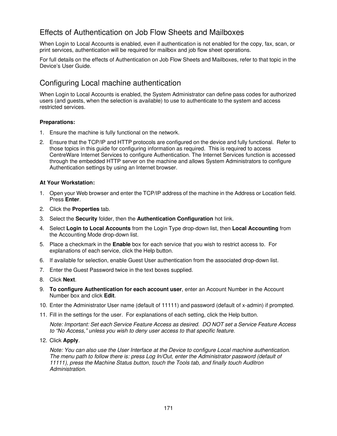 Xerox 7345, 7335 manual Effects of Authentication on Job Flow Sheets and Mailboxes, Configuring Local machine authentication 