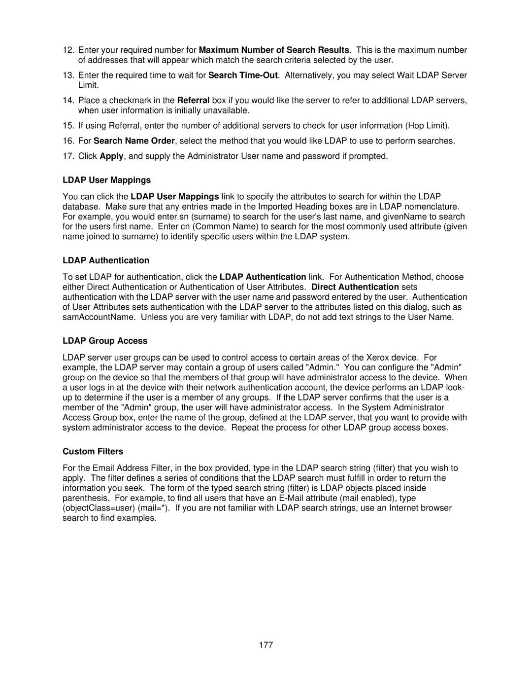 Xerox 7345, 7335 manual Ldap User Mappings, Ldap Authentication, Ldap Group Access, Custom Filters 