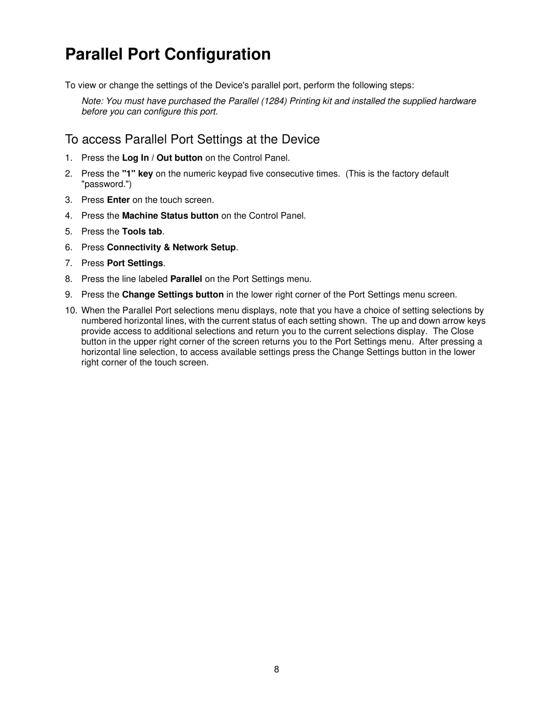 Xerox 7335, 7345 manual Parallel Port Configuration, To access Parallel Port Settings at the Device 