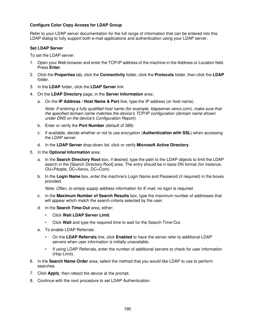 Xerox 7335, 7345 manual Configure Color Copy Access for Ldap Group, Set Ldap Server, Optional Information area 