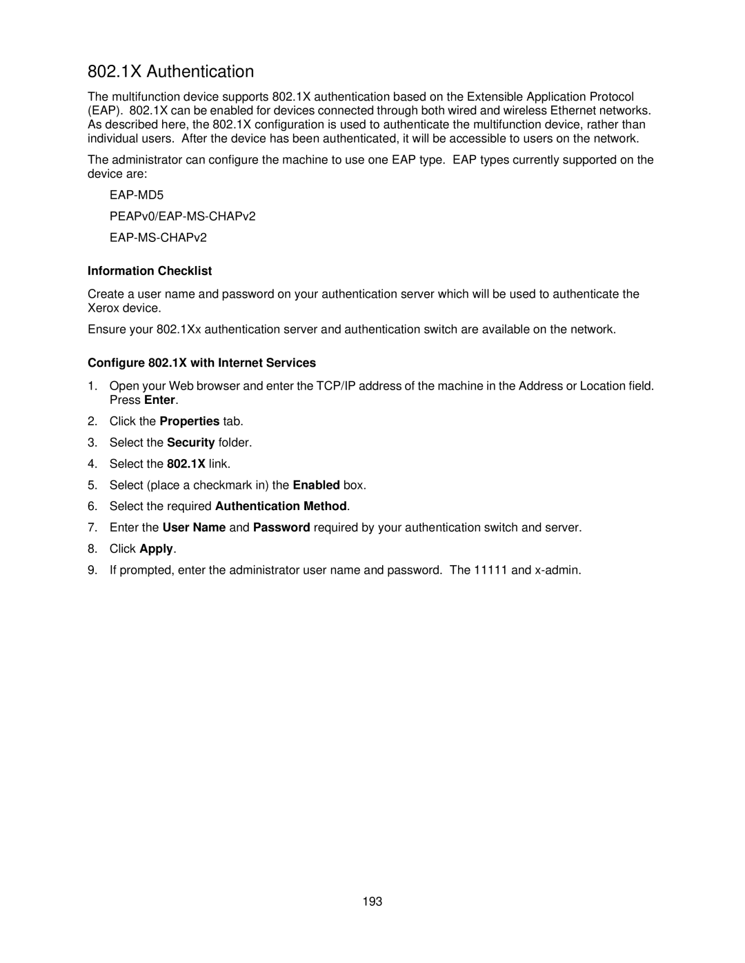 Xerox 7345, 7335 manual 802.1X Authentication, Configure 802.1X with Internet Services 