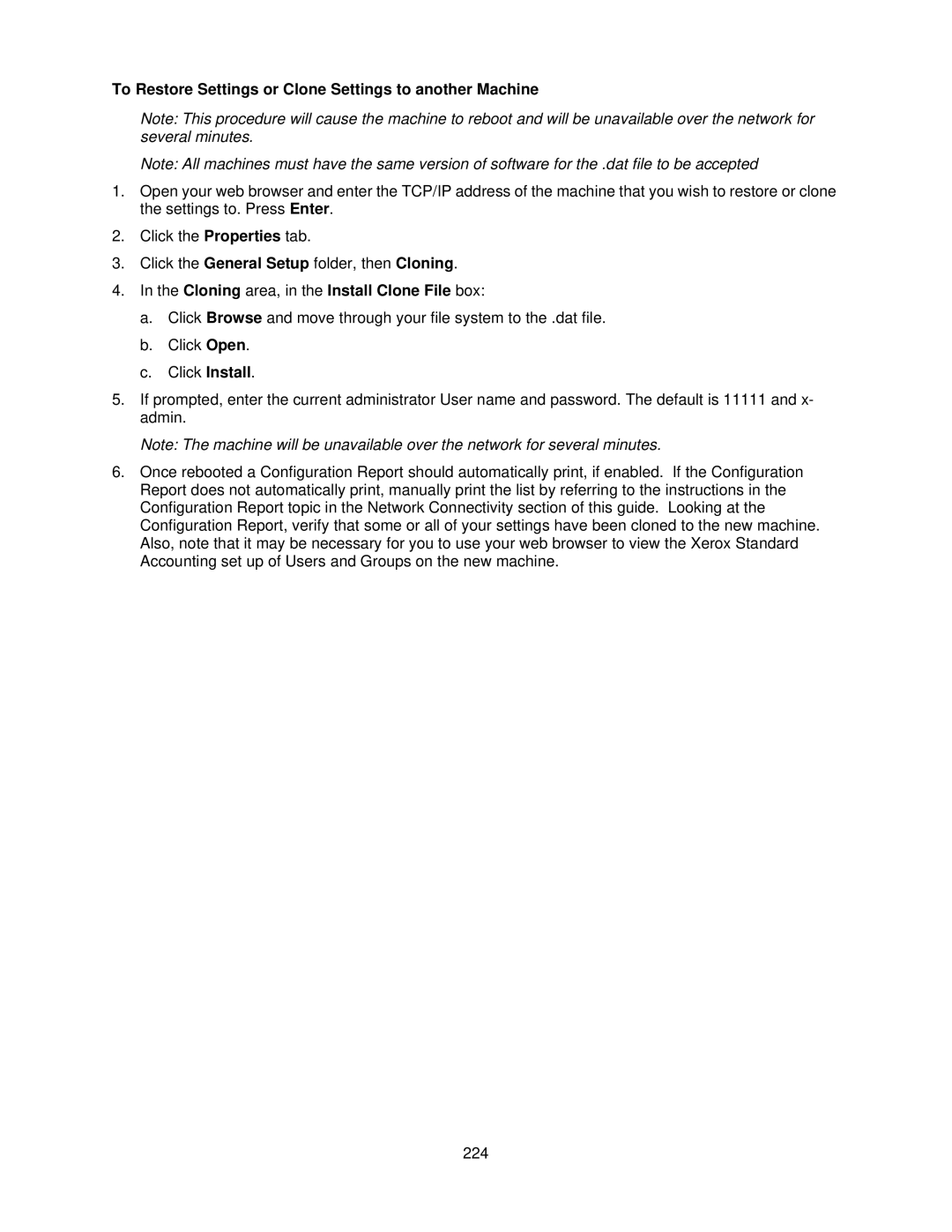 Xerox 7335, 7345 To Restore Settings or Clone Settings to another Machine, Cloning area, in the Install Clone File box 