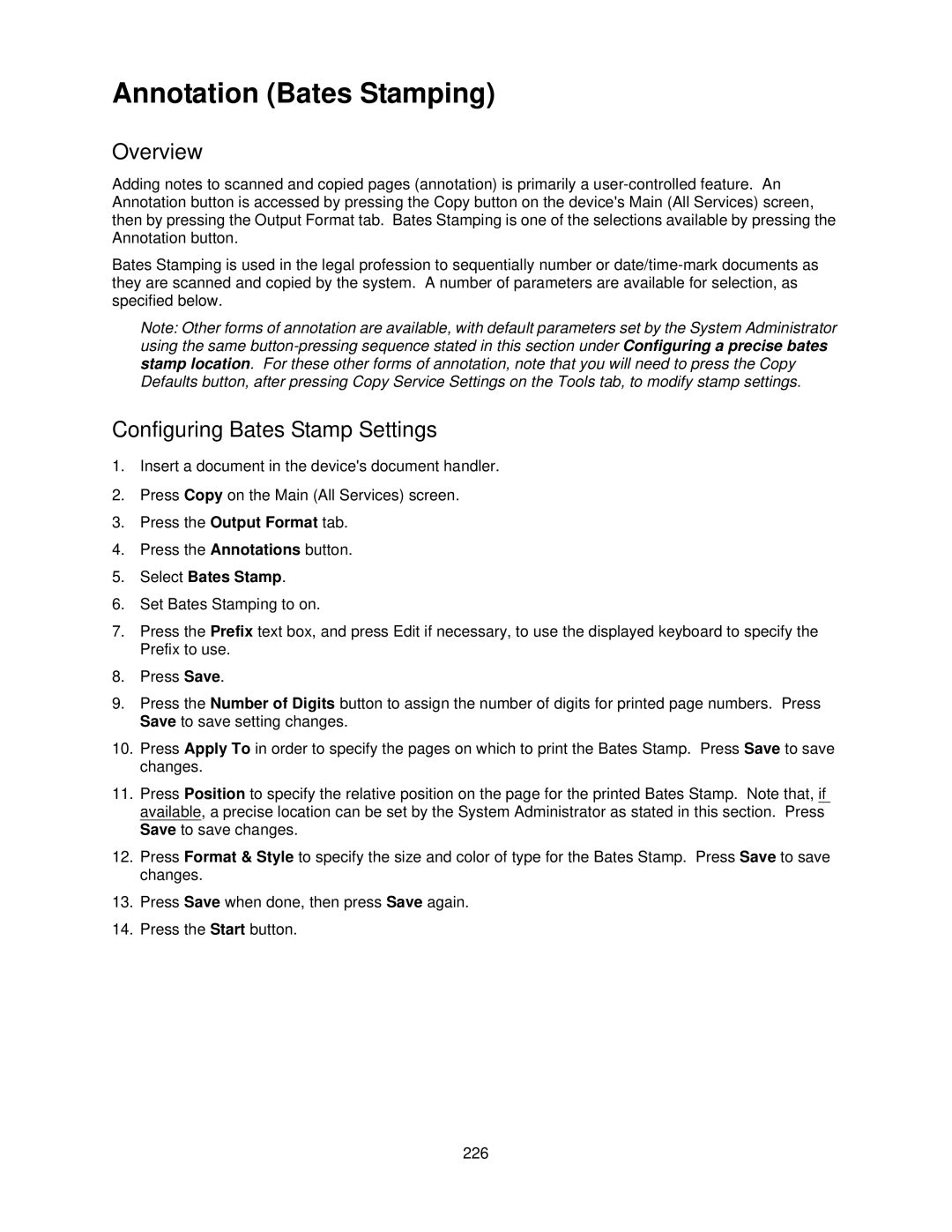 Xerox 7335, 7345 manual Annotation Bates Stamping, Configuring Bates Stamp Settings, Select Bates Stamp 