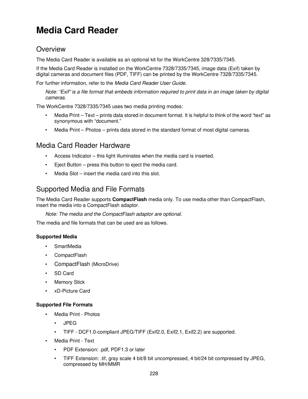 Xerox 7335, 7345 manual Media Card Reader Hardware, Supported Media and File Formats, Supported File Formats 