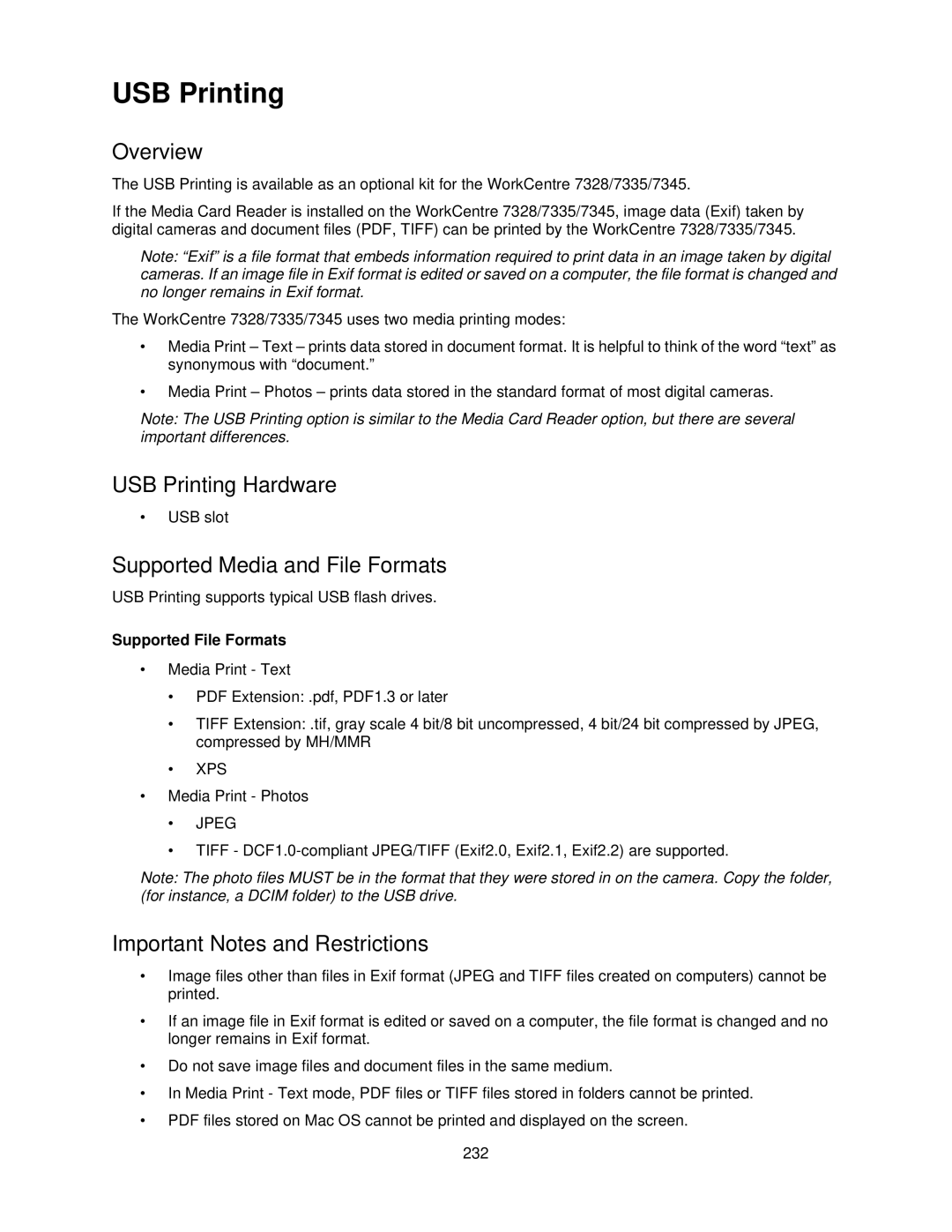 Xerox 7335, 7345 manual USB Printing Hardware 