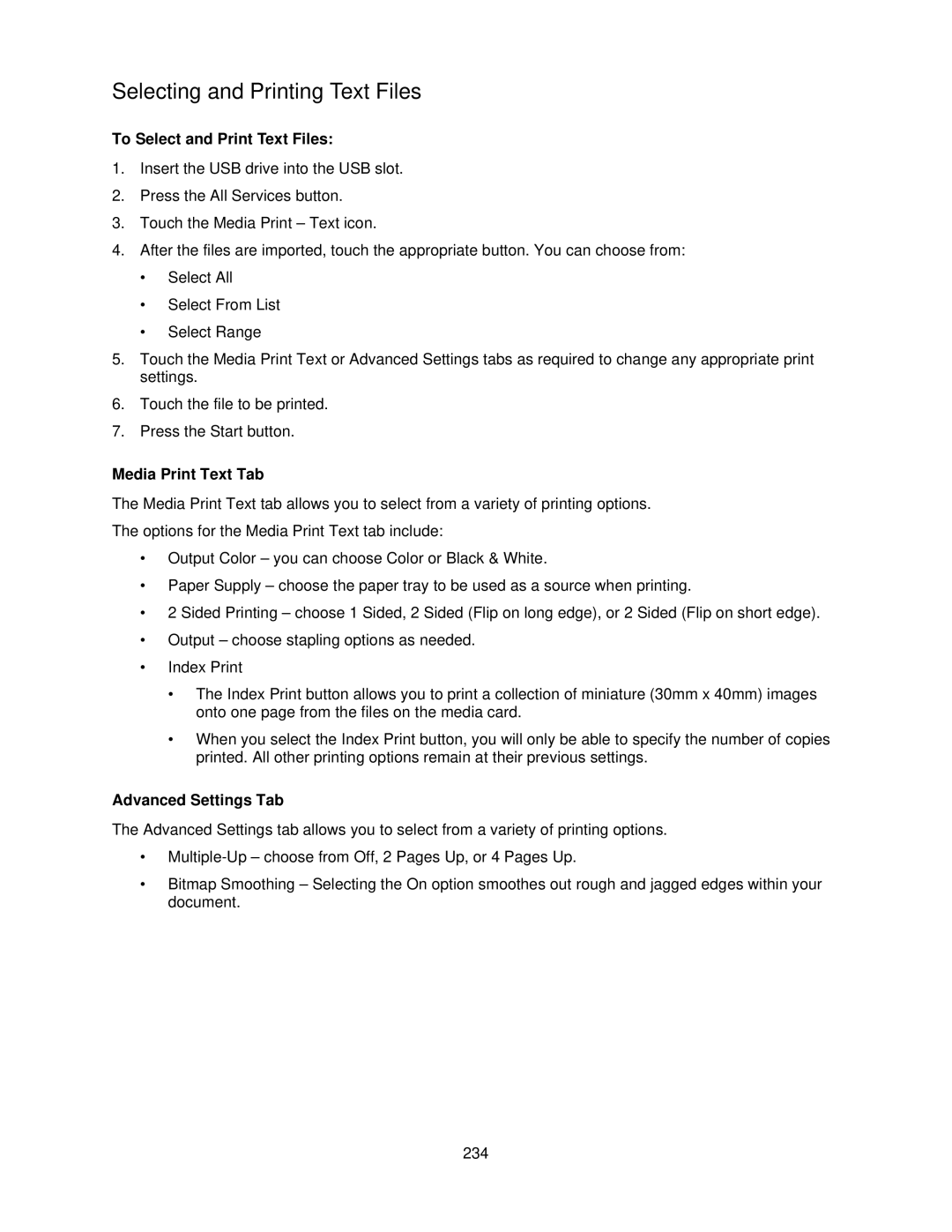 Xerox 7335, 7345 manual Selecting and Printing Text Files, Advanced Settings Tab 