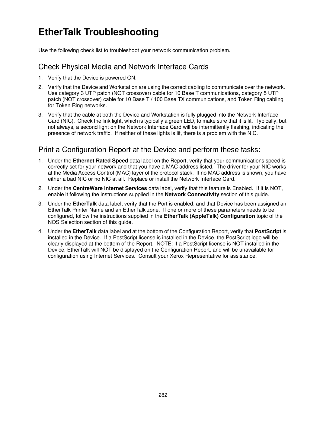 Xerox 7335, 7345 manual EtherTalk Troubleshooting, Check Physical Media and Network Interface Cards 