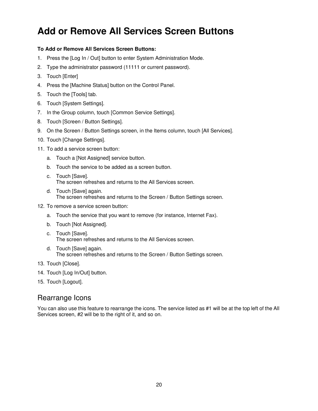 Xerox 7335, 7345 manual Rearrange Icons, To Add or Remove All Services Screen Buttons 