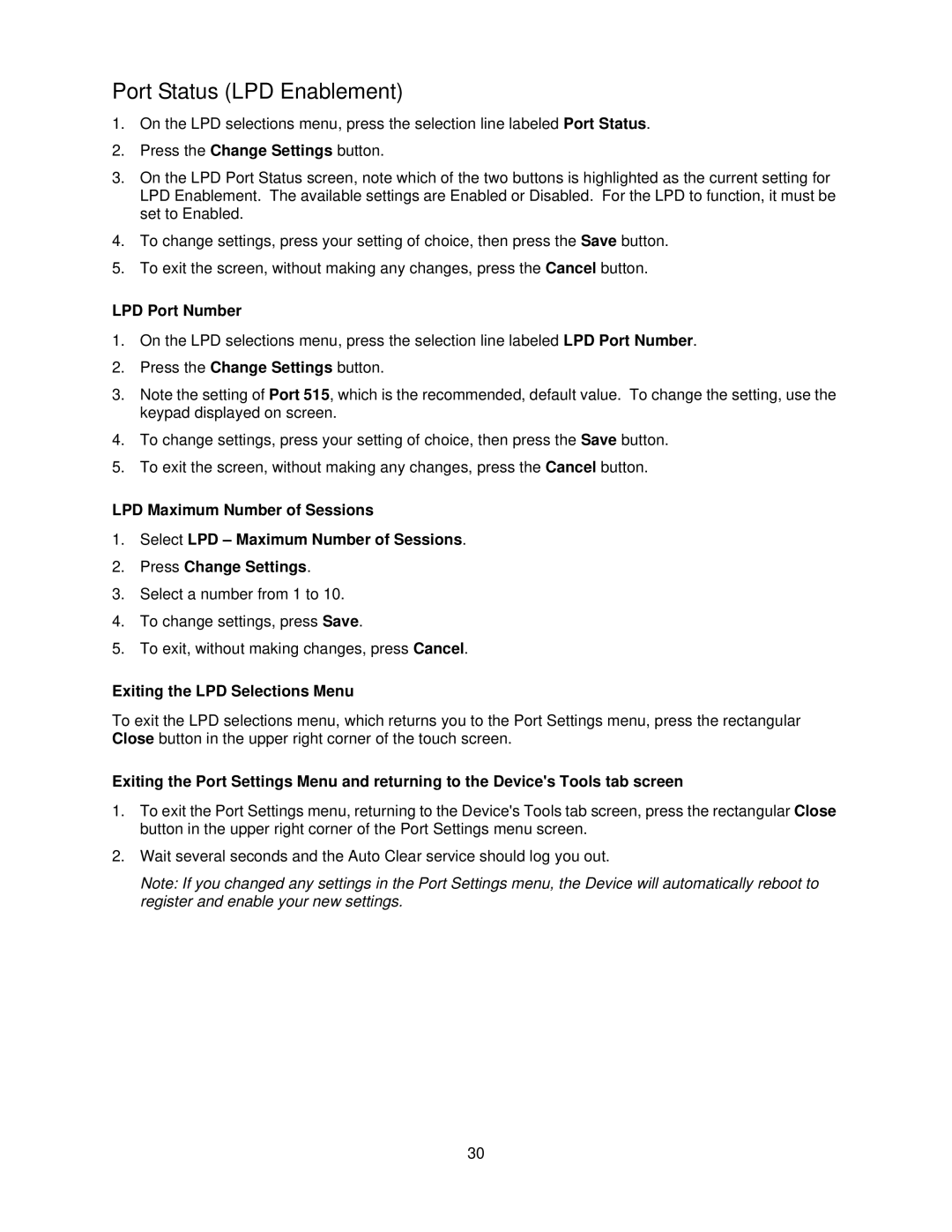 Xerox 7335, 7345 manual Port Status LPD Enablement, LPD Port Number, Exiting the LPD Selections Menu 