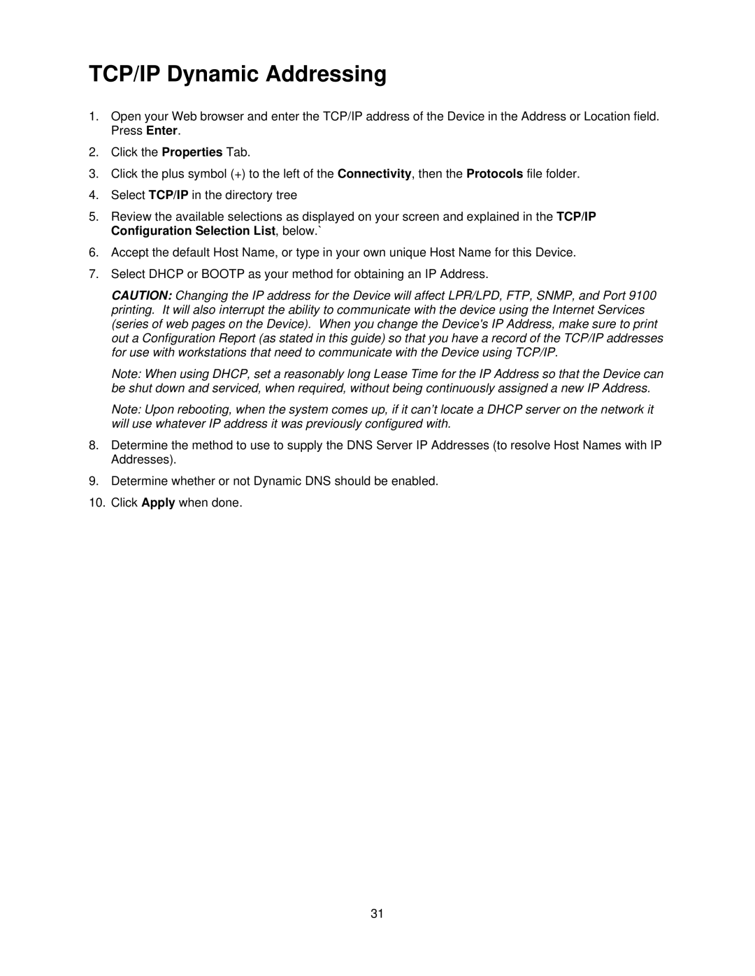 Xerox 7345, 7335 manual TCP/IP Dynamic Addressing 