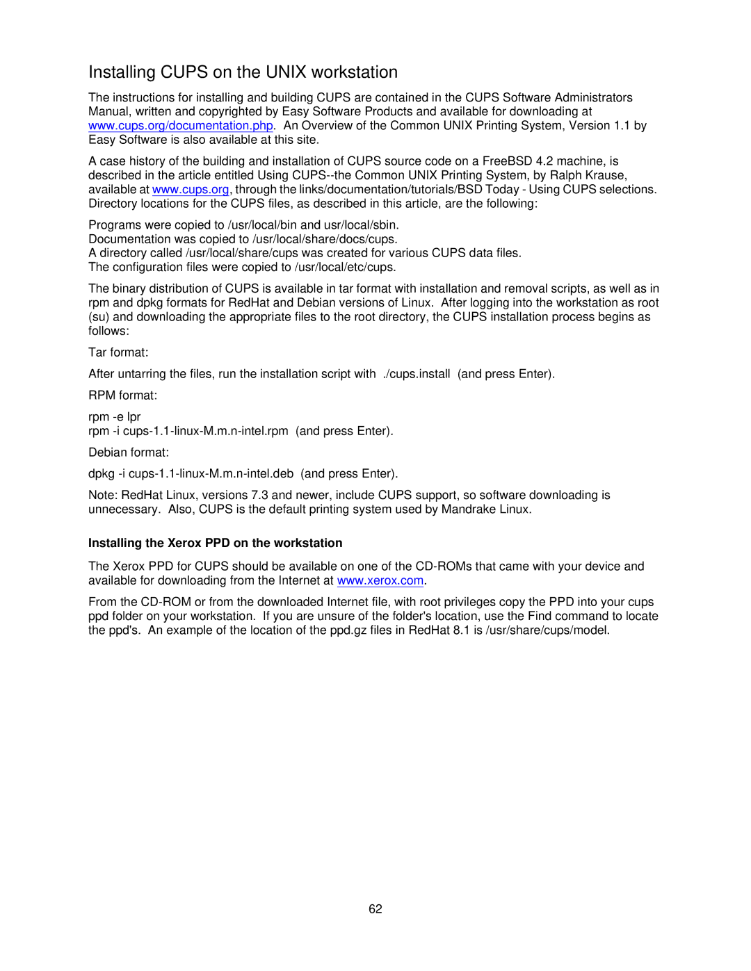 Xerox 7335, 7345 manual Installing Cups on the Unix workstation, Installing the Xerox PPD on the workstation 