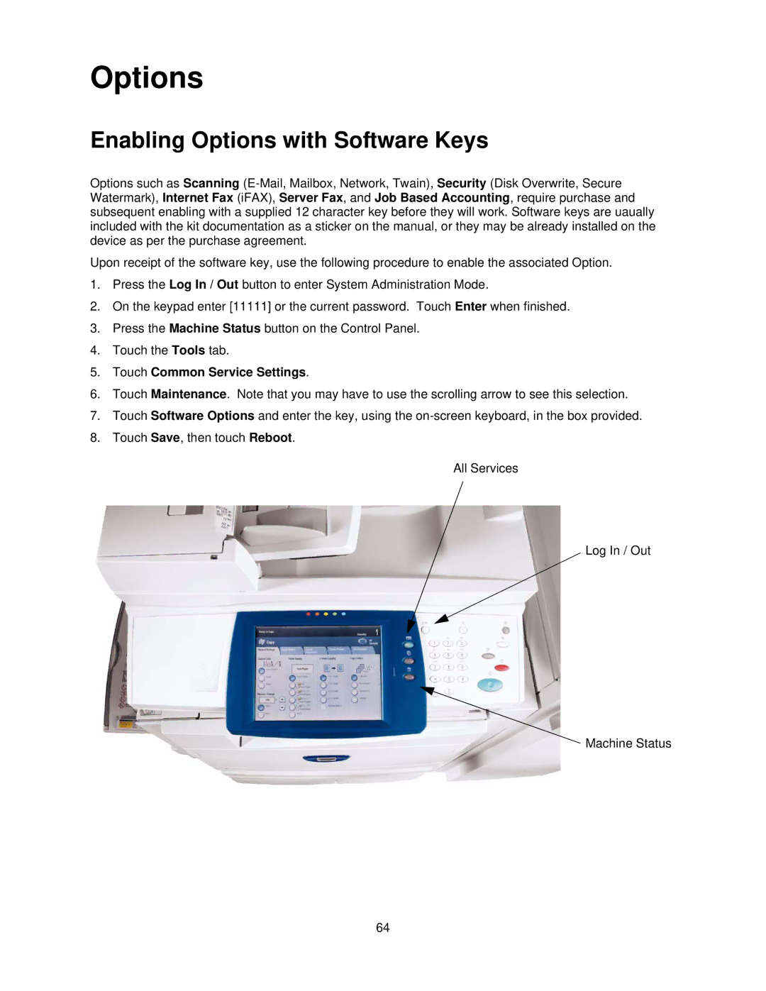 Xerox 7335, 7345 manual Enabling Options with Software Keys, Touch Common Service Settings 