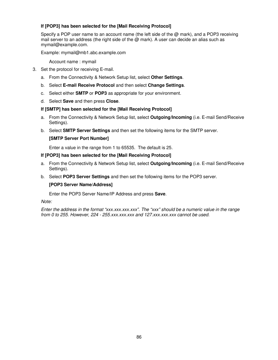 Xerox 7335 If POP3 has been selected for the Mail Receiving Protocol, Smtp Server Port Number, POP3 Server Name/Address 