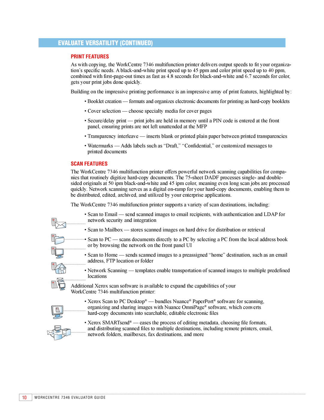 Xerox 7346 manual Evaluate Versatility Continued, Print Features, Scan Features 